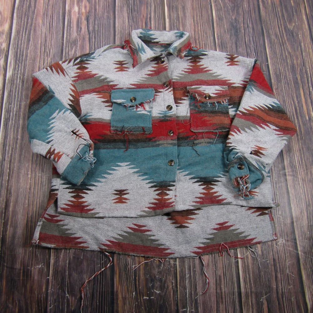 Aztec Shacket‎ Mens Size M Multicolor Southwestern Frayed Hem Jacket